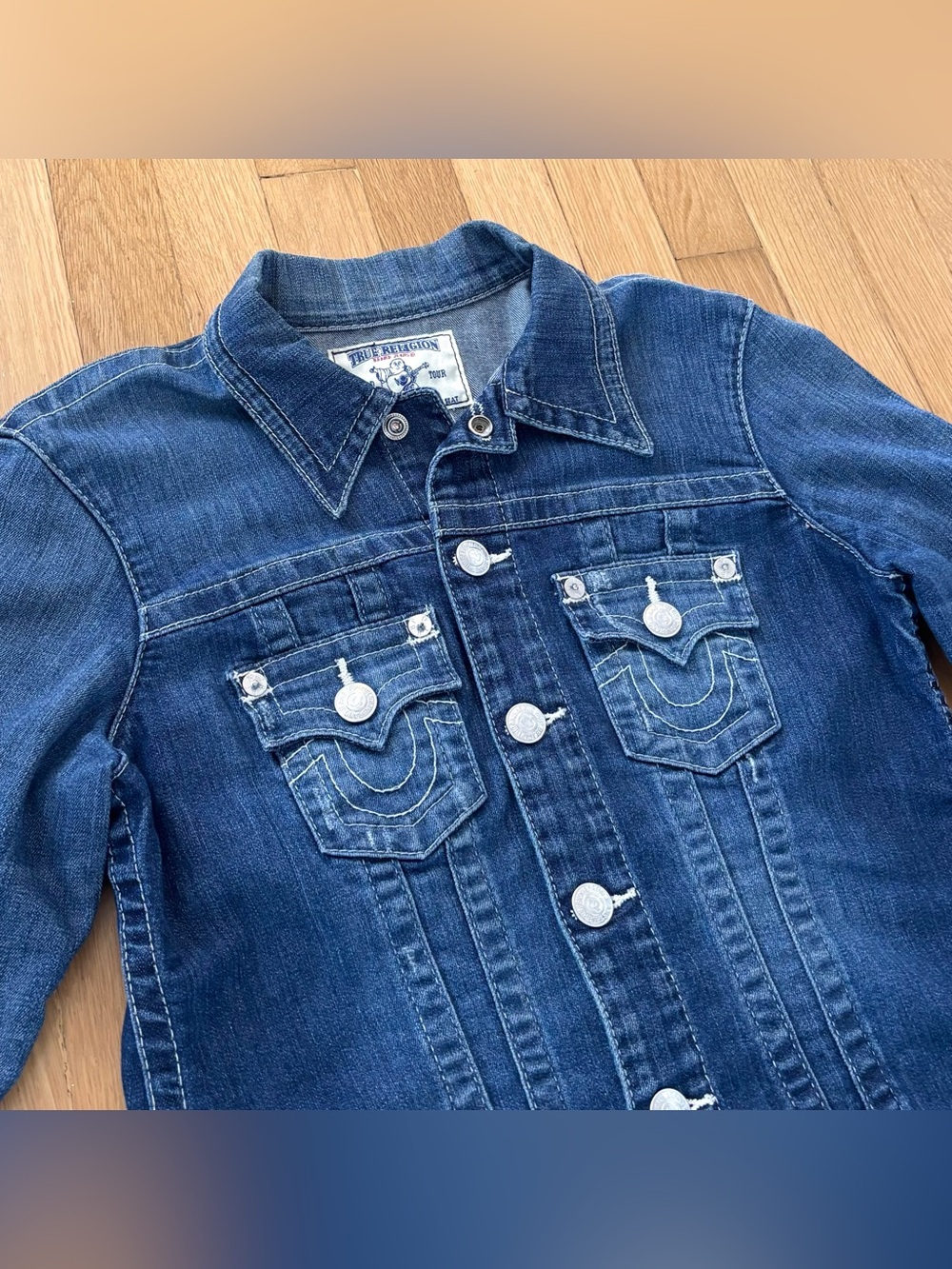 True Religion Denim Jacket Trucker Womens Medium Y2K Jean Jacket Embroidered